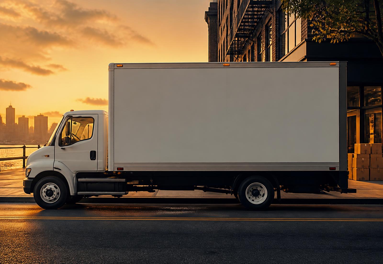 White box truck parked on a city street at golden hour